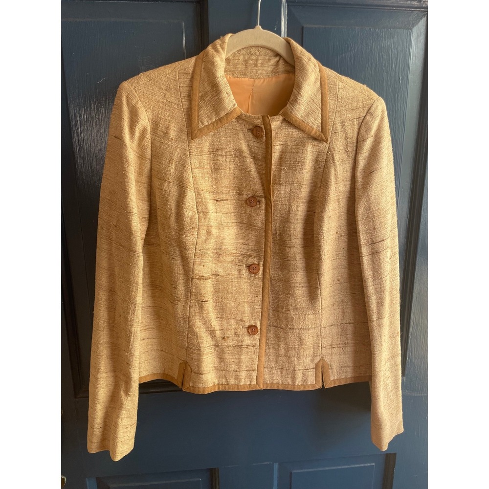 Vintage Beige Blazer Jacket Textured Fabric Contrast Trim Baron Peters Large